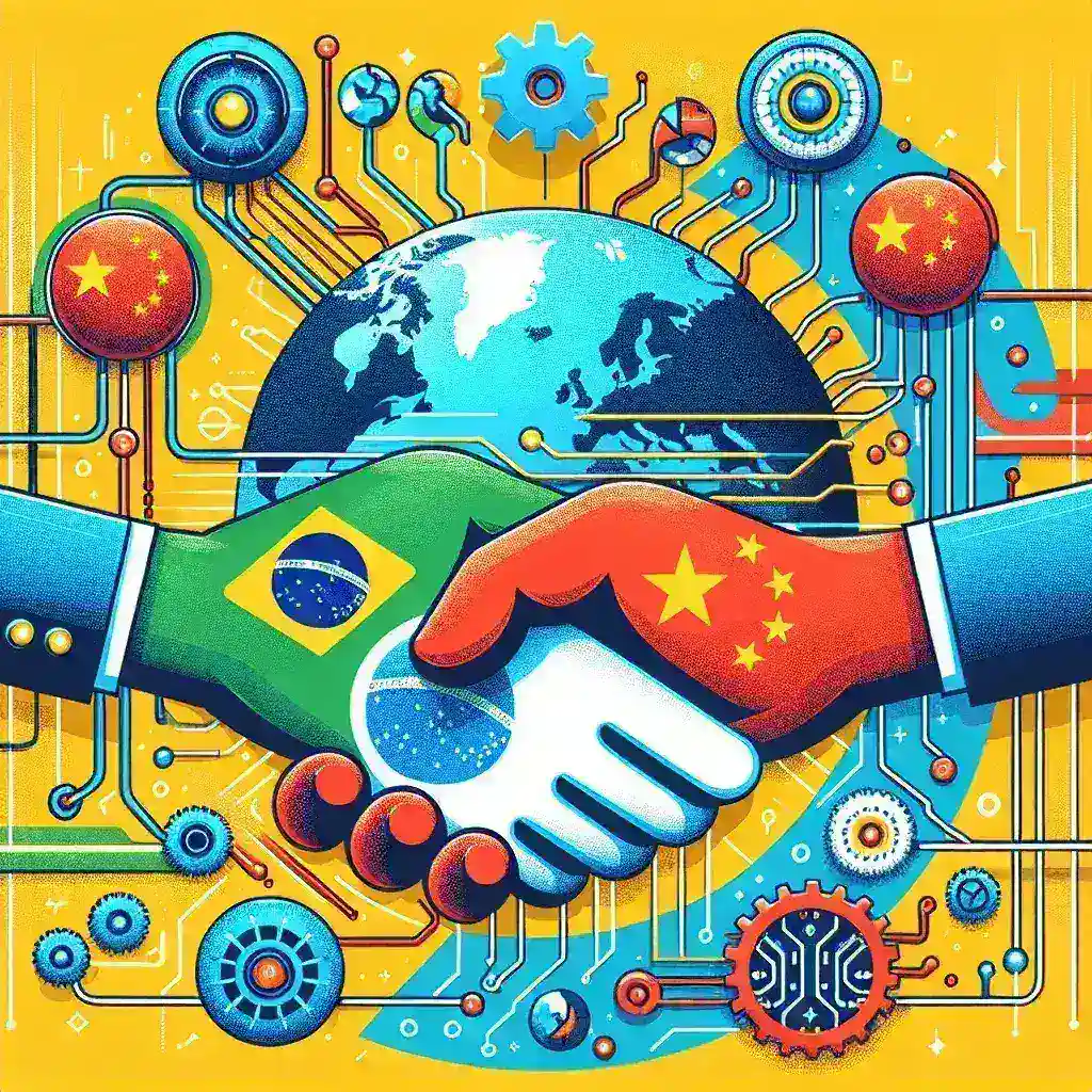 "Imagem ilustrativa da Parceria Brasil-China, destacando os avanços na criação de um Centro de Transferência de Tecnologia, com bandeiras dos dois países e gráficos de inovação tecnológica ao fundo."