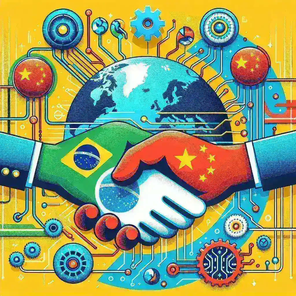 "Imagem ilustrativa da Parceria Brasil-China, destacando os avanços na criação de um Centro de Transferência de Tecnologia, com bandeiras dos dois países e gráficos de inovação tecnológica ao fundo."
